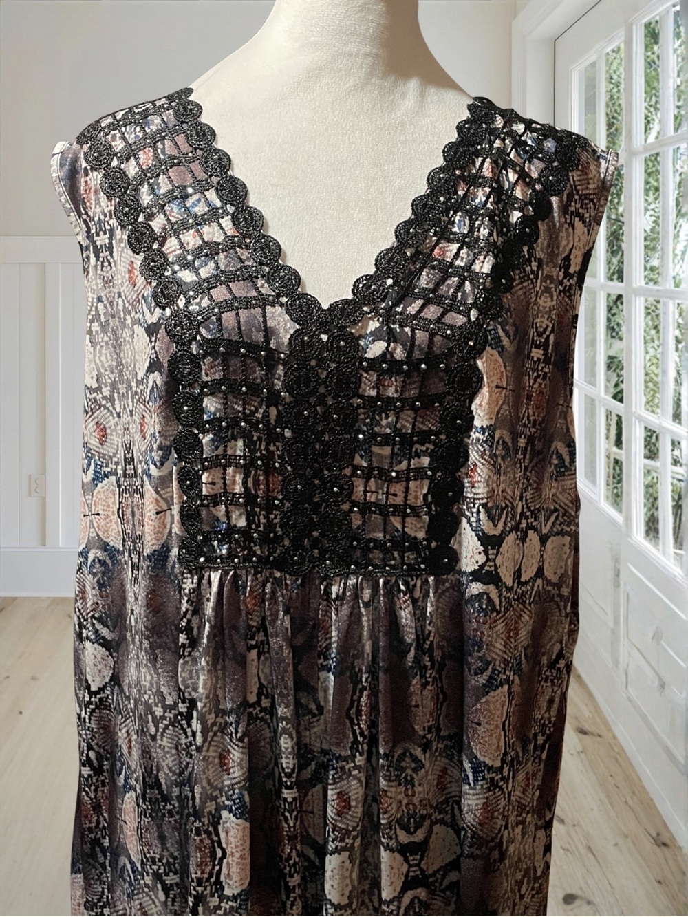 ONE WORLD Women's 3X Plus Embellished Boho Beaded Sleeveless Printed Maxi Dress - Picture 3 of 12